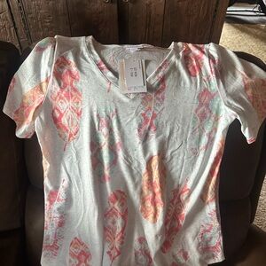 LuLaRoe White and Pink Feather Print Iris Tee